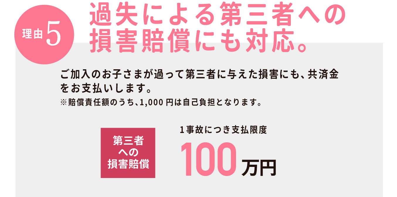 【理由5】過失による第三者への 損害賠償にも対応。ご加入のお子さまが過って第三者に与えた損害にも、共済金をお支払いします。 ※賠償責任額のうち、1,000円は自己負担となります。第三者への損害賠償:1事故につき支払限度100万円