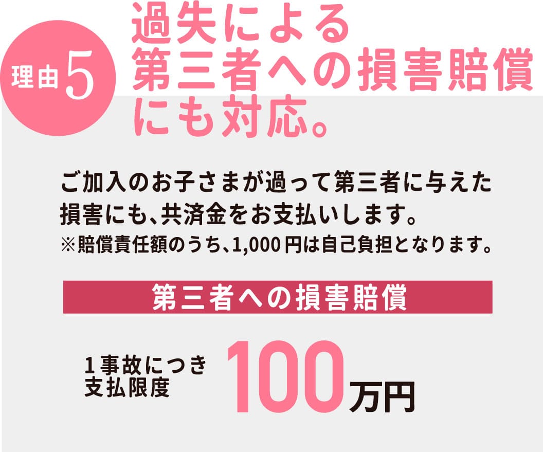 【理由5】過失による第三者への 損害賠償にも対応。ご加入のお子さまが過って第三者に与えた損害にも、共済金をお支払いします。 ※賠償責任額のうち、1,000円は自己負担となります。第三者への損害賠償:1事故につき支払限度100万円