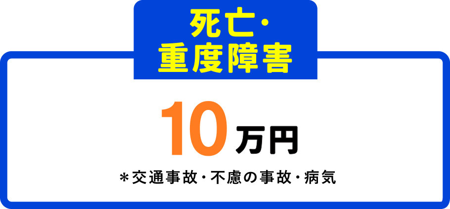 死亡・重度障害：10万円＊交通事故・不慮の事故・病気