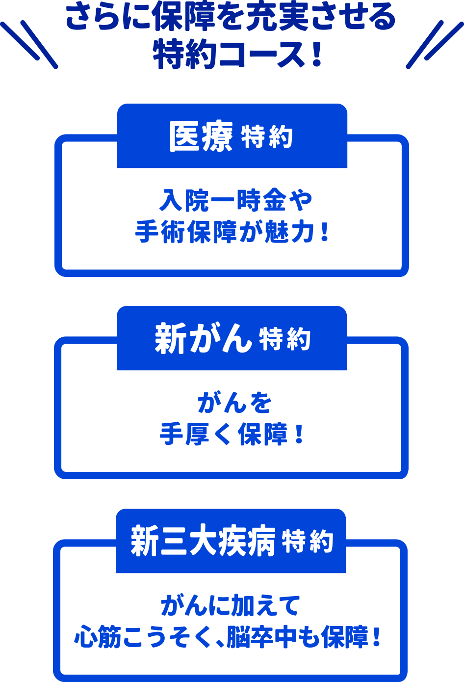 さらに保障を充実させる特約コース！【医療特約】入院一時金や手術保障が魅力！【新がん特約】がんを手厚く保障！【新三大疾病特約】がんに加えて心筋こうそく脳卒中も保障！